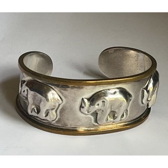 Sterling Silver Elephant Cuff Bracelet with Brass Trim - Two Tone